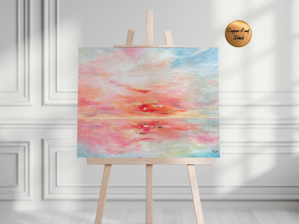 Seascape sunset artwork with copper leaf highlights, Abstract beach sunset wall decor in pastel colors