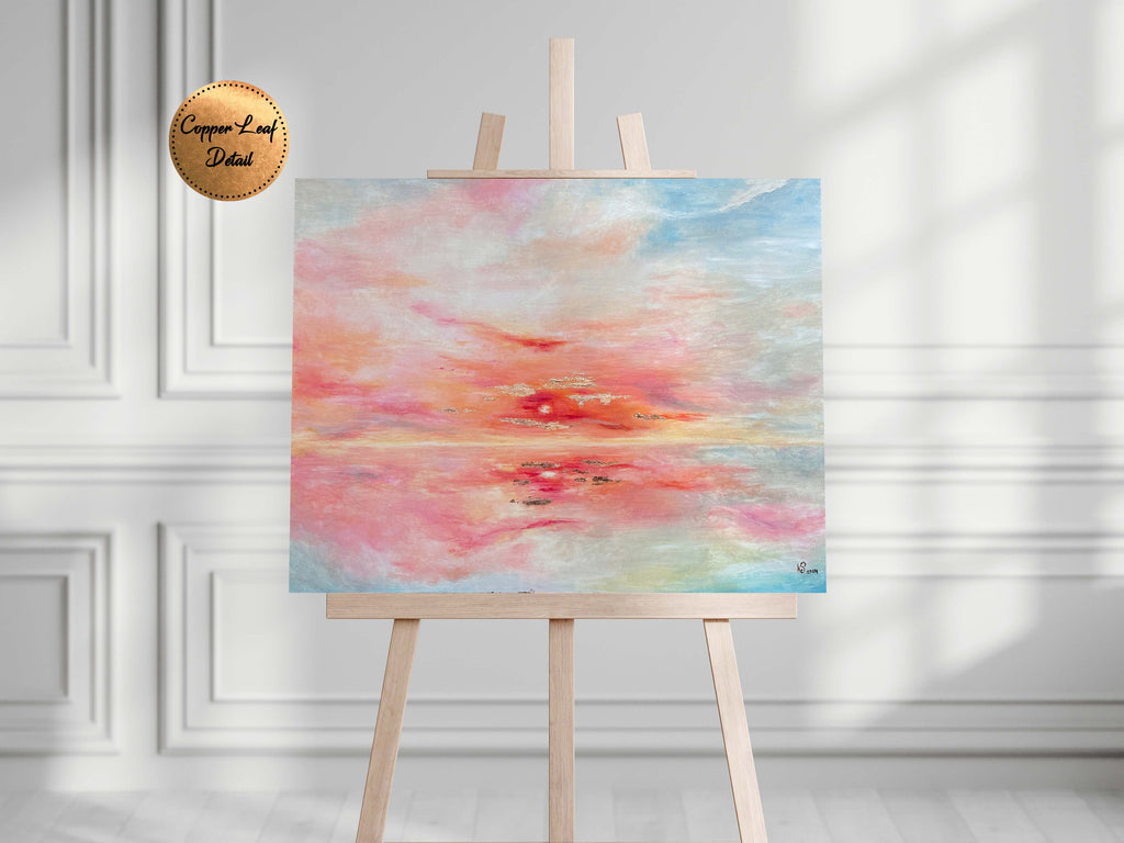 Modern coastal sunset canvas with copper accents, Pink and orange abstract sunset seascape on canvas, beach sunset painting