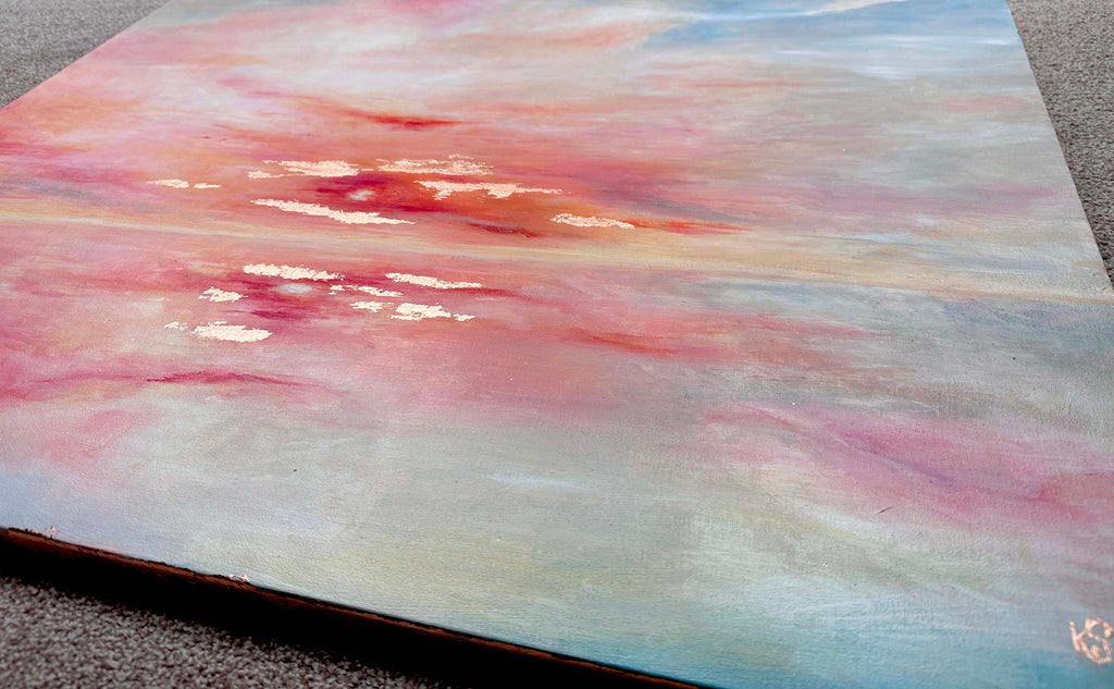 Large beach sunset painting with metallic touches, Dreamy pastel sunset artwork with copper leaf detail, coastal sunset canvas