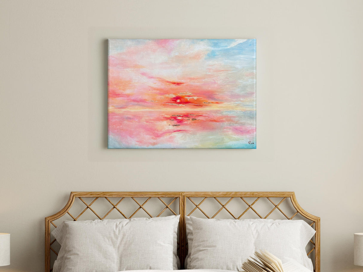 Abstract beach sunset painting on canvas in warm pinks, oranges, and blues with copper leaf accents.