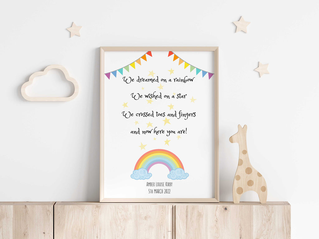 Personalized rainbow nursery print, Rainbow-themed baby room decor, Customized nursery art with child's name and birth date