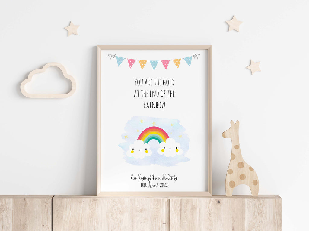 Rainbow-themed wall art for nursery with personalized details, Unique rainbow print for baby's room with personalized message