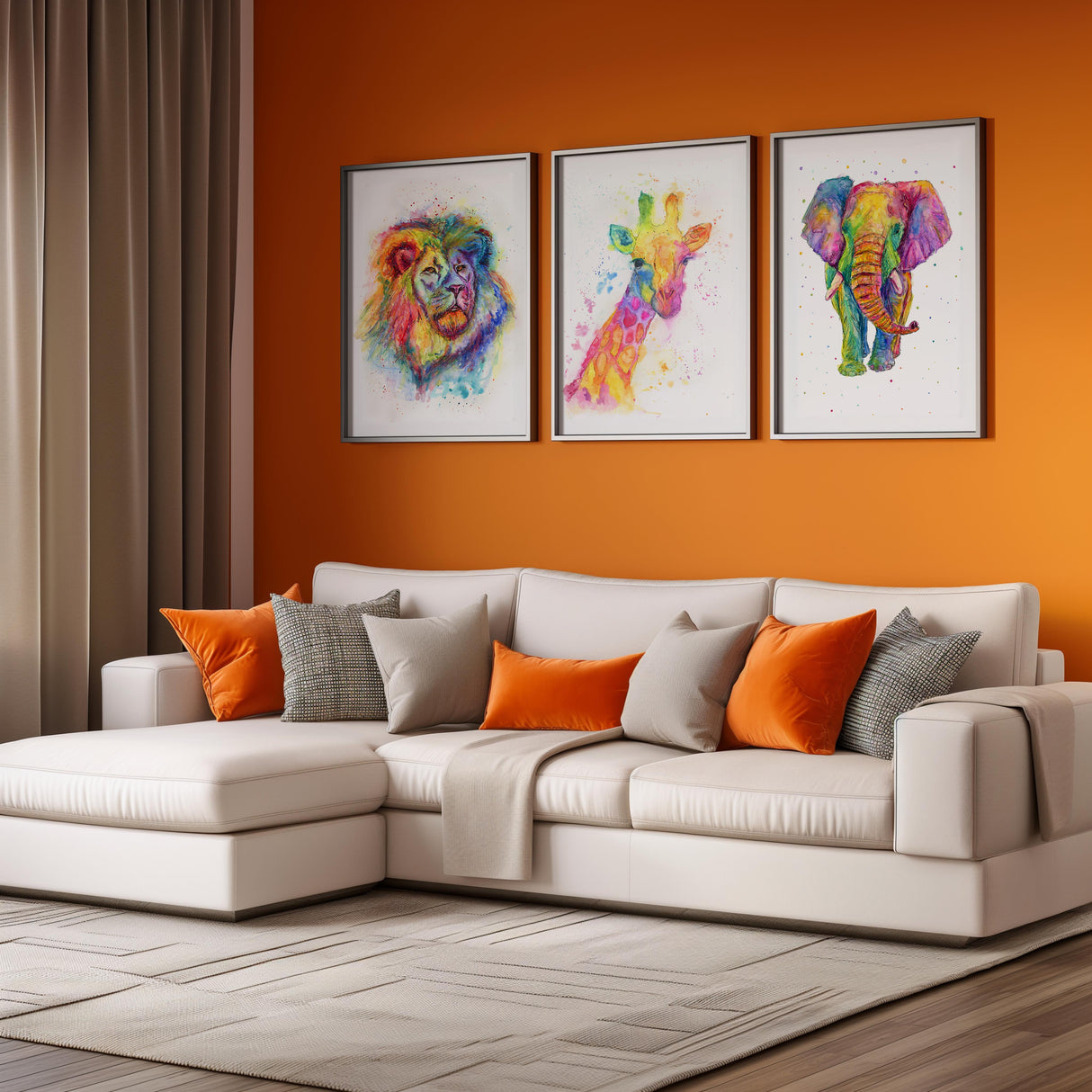 A stunning rainbow-themed animal print set with an elephant, giraffe, and lion in artistic watercolour.