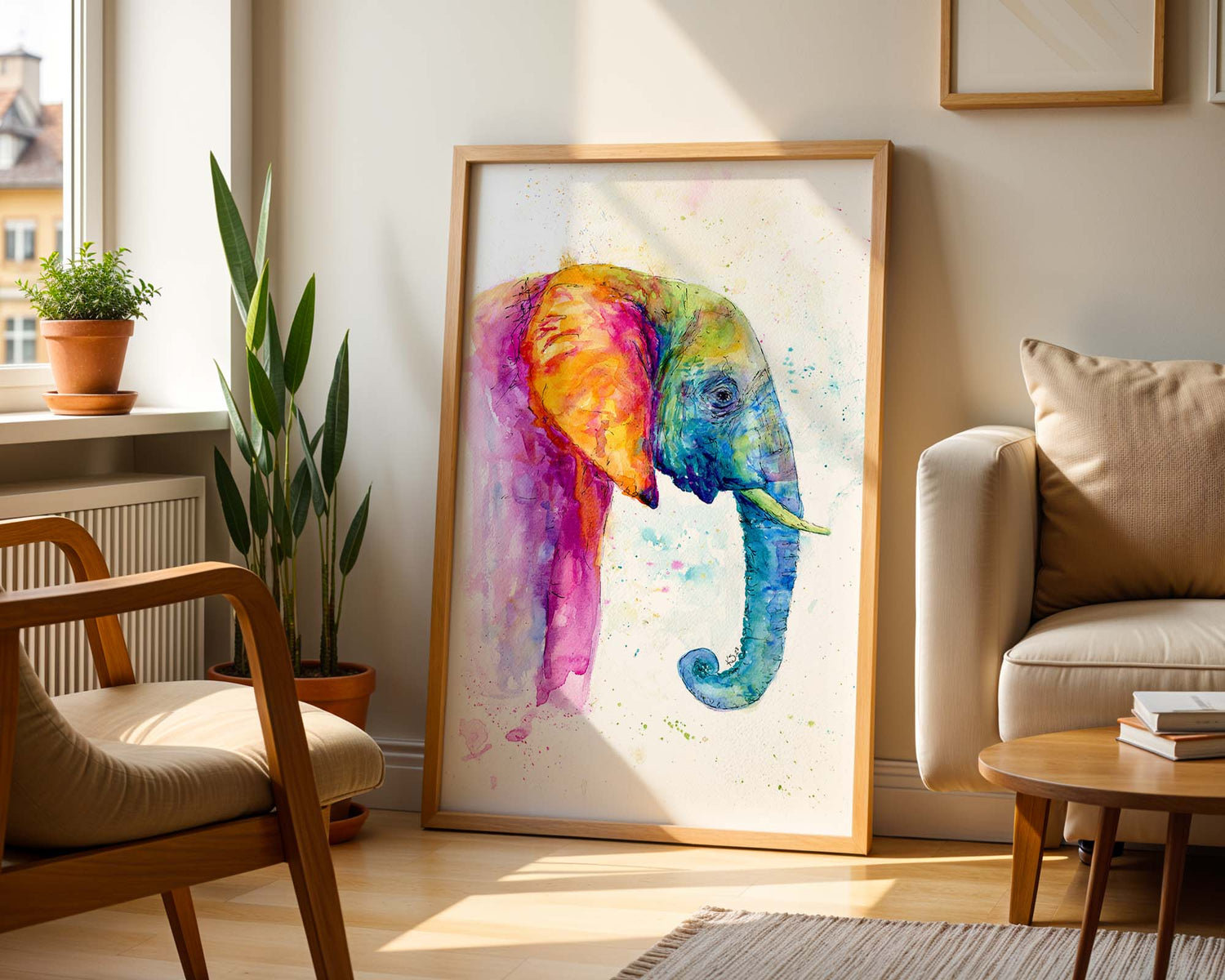 Chasing Rainbows watercolour print of a side-view elephant in flowing rainbow colours.
