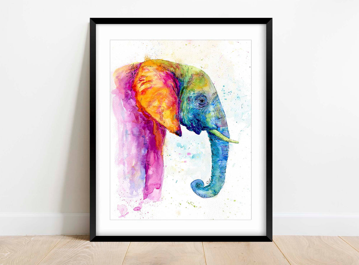 Side view rainbow elephant print watercolor, Colorful rainbow elephant wall art, Elephant in rainbow hues painting,