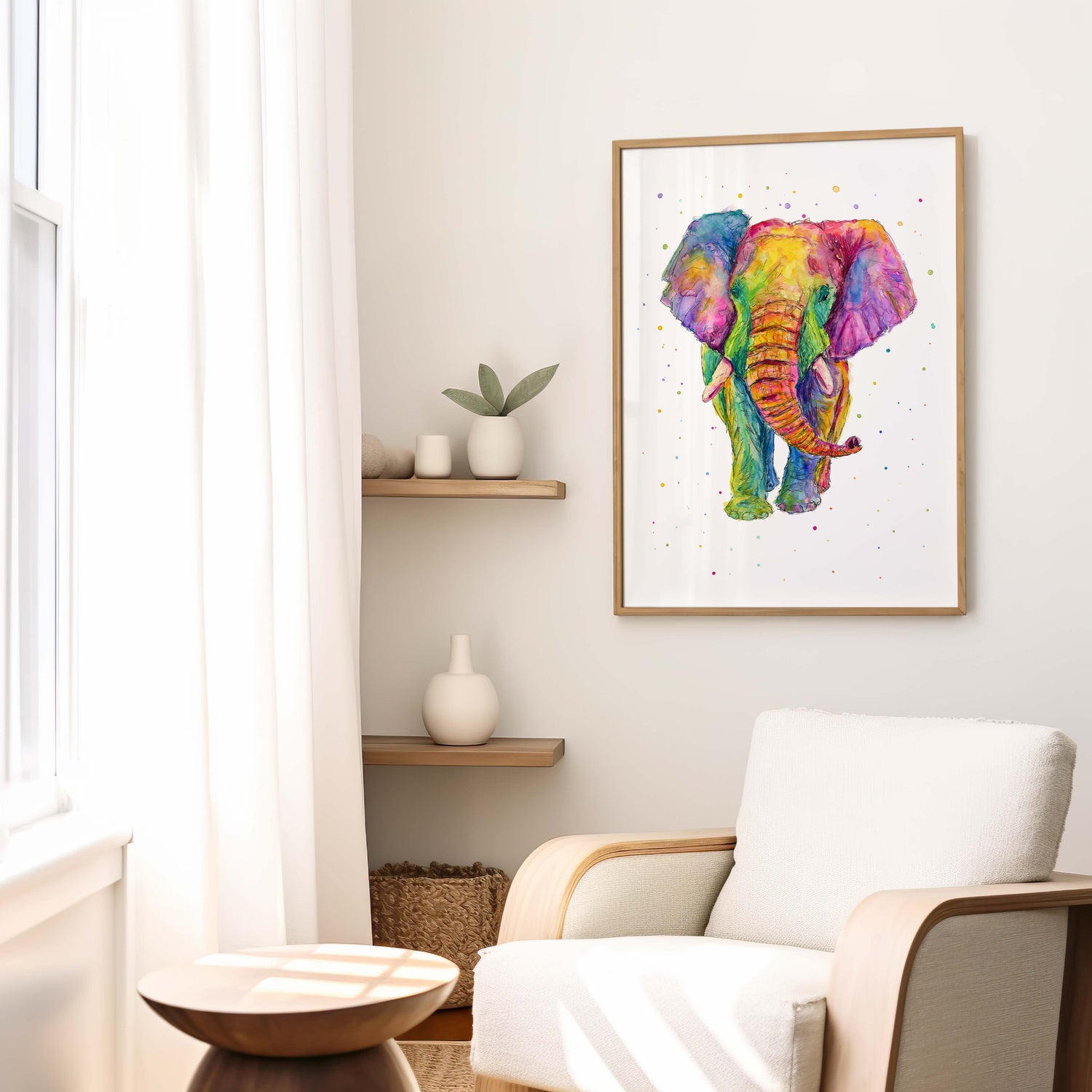 Rainbow elephant wall art featuring detailed ink linework and colourful watercolour. Elephant painting in bright rainbow shades with dripping and splattered watercolour style.