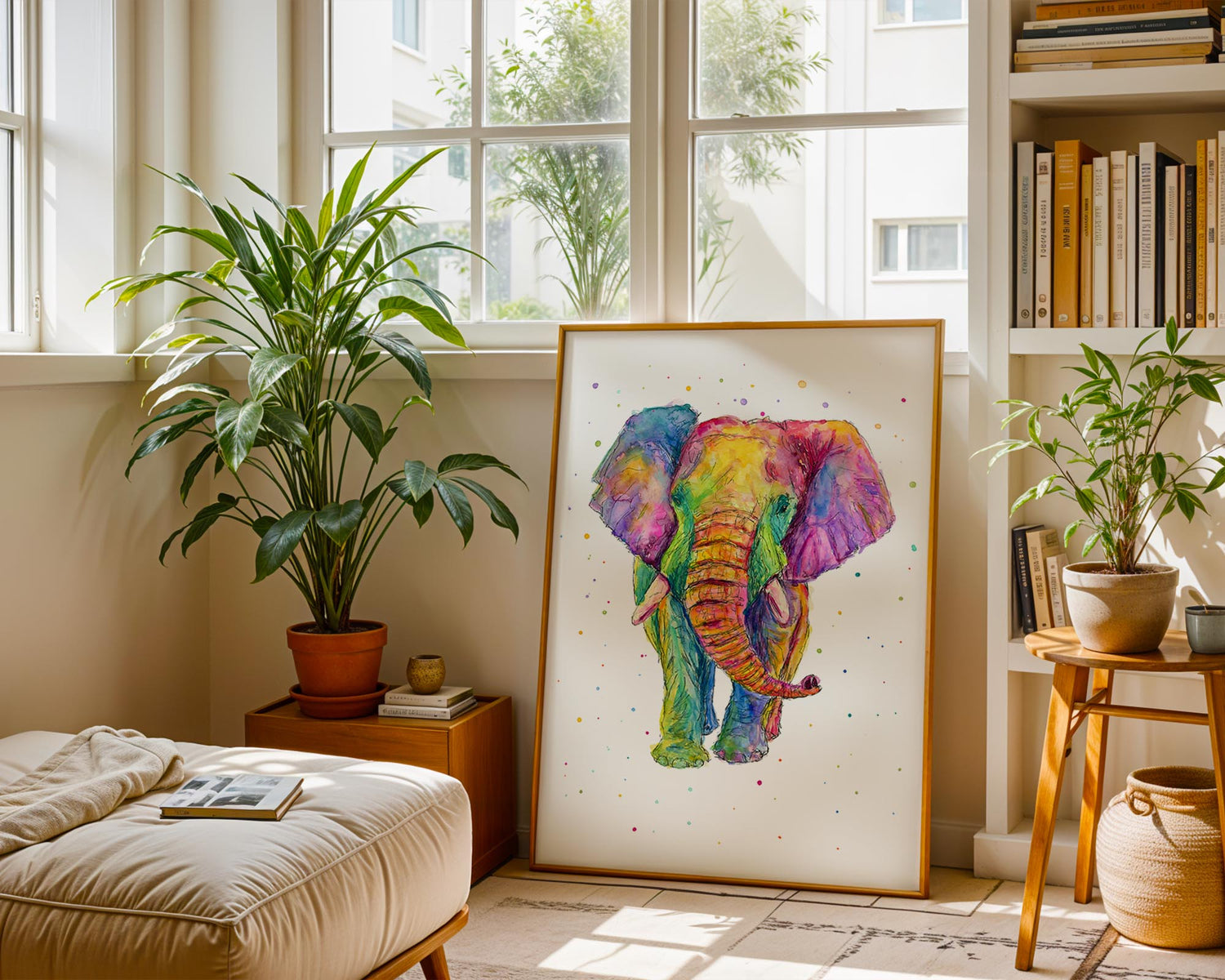 Abstract rainbow elephant painting with bold ink lines and scattered pigment. Bright rainbow-coloured elephant with ink outlining and watercolour splatters.