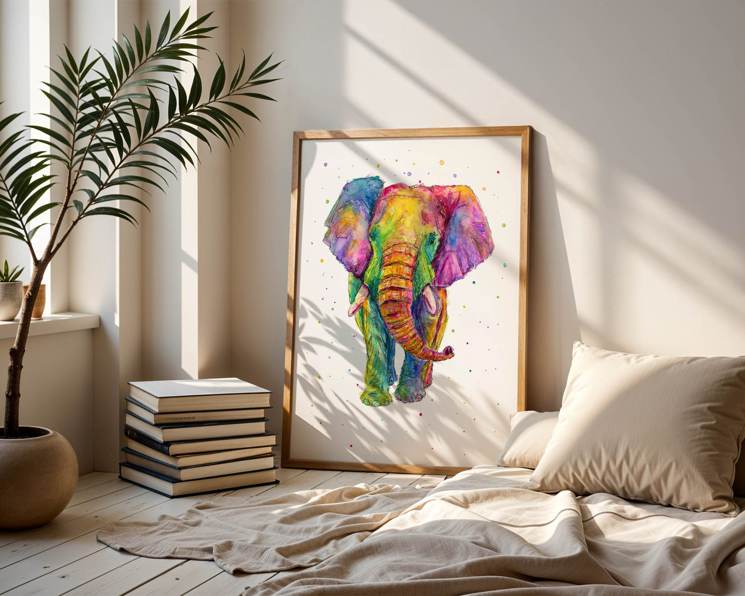 Spattered rainbow elephant illustration combining fine ink lines with colourful paint. Joyful rainbow elephant with whimsical watercolour spatters and ink textures.