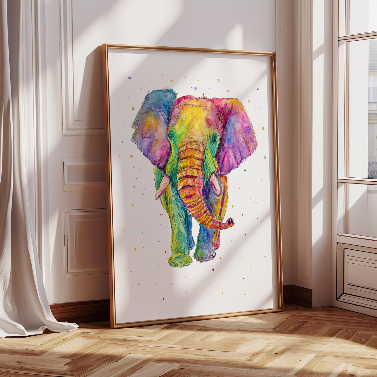 Rainbow elephant watercolour print with paint splashes and inky detail. Artistic rainbow elephant featuring rich watercolour hues and scattered paint drops.