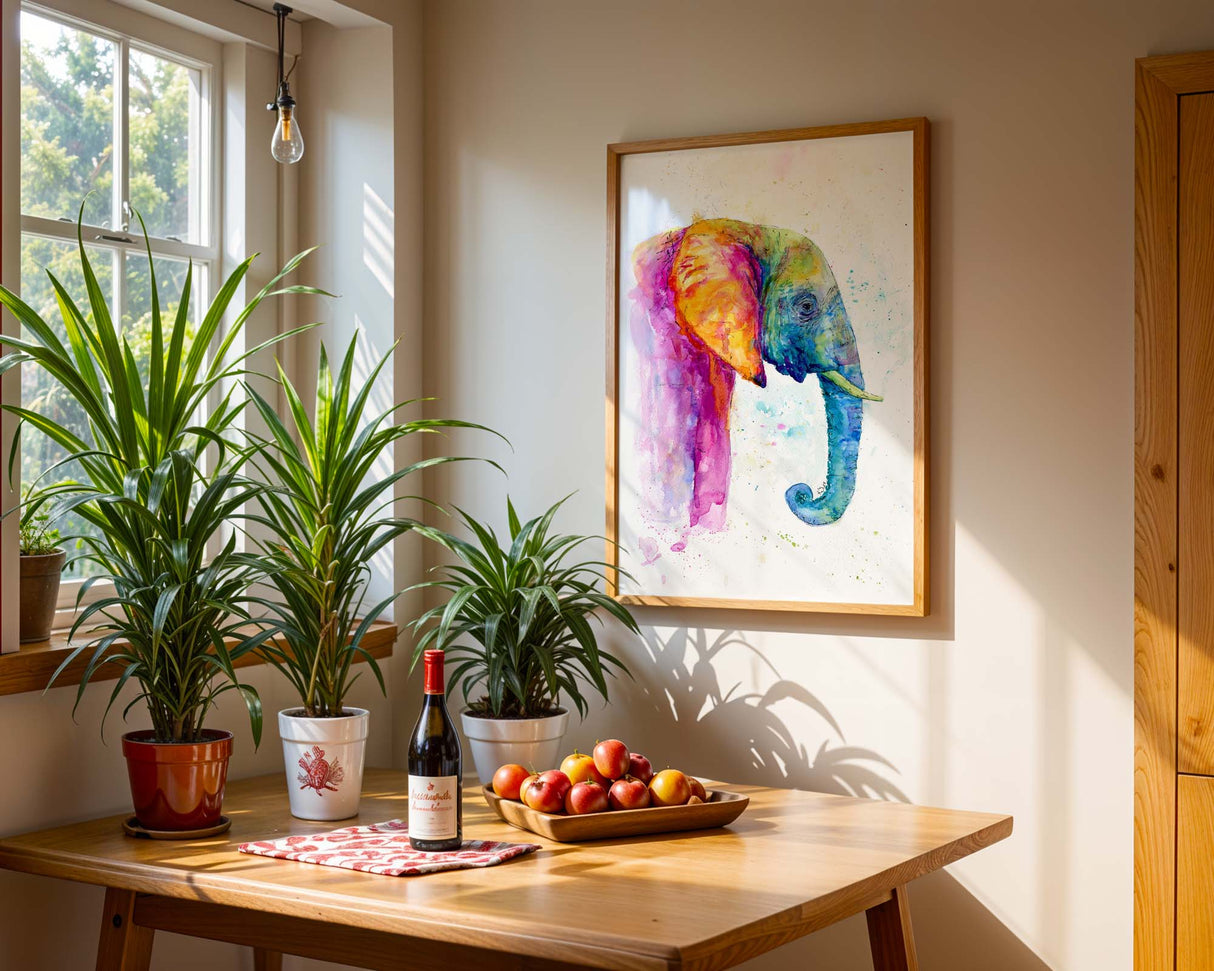 Vibrant rainbow elephant art in soft watercolour tones, full of colour and movement.