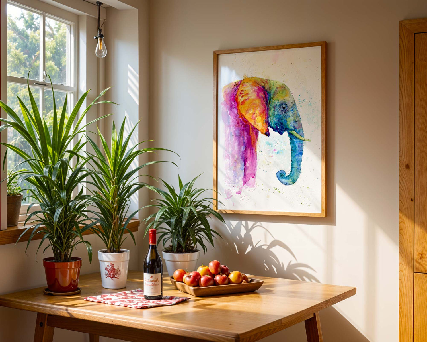 Vibrant rainbow elephant art in soft watercolour tones, full of colour and movement.