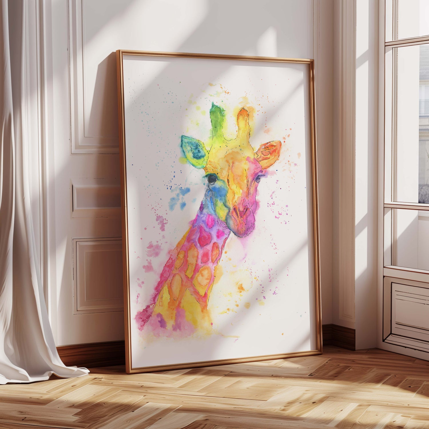 A vibrant watercolour print of a giraffe painted in rainbow colours.
