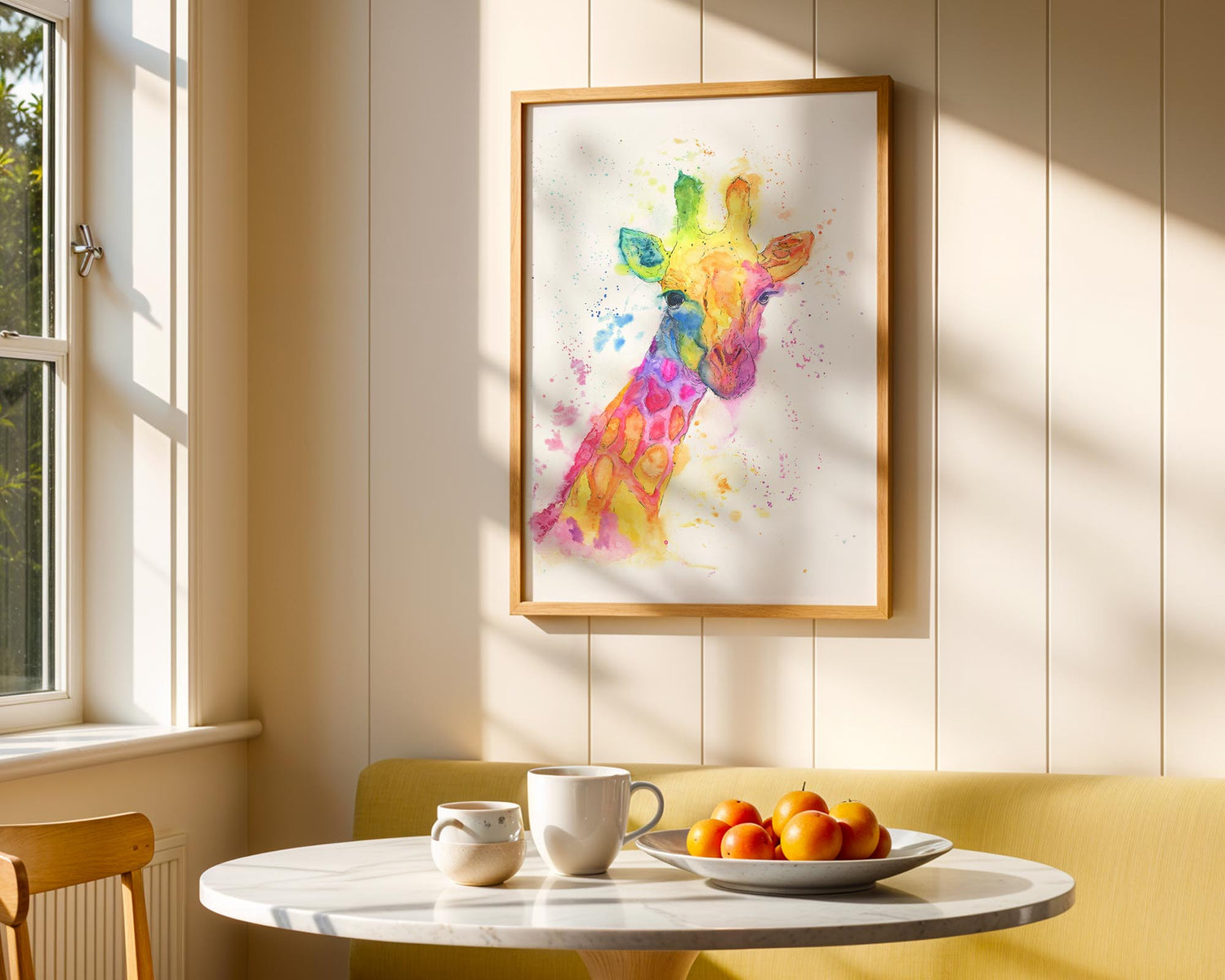 Close-up rainbow giraffe portrait print with expressive, vibrant watercolour details. Playful watercolour giraffe wall art in a mix of red, yellow, green and blue hues.