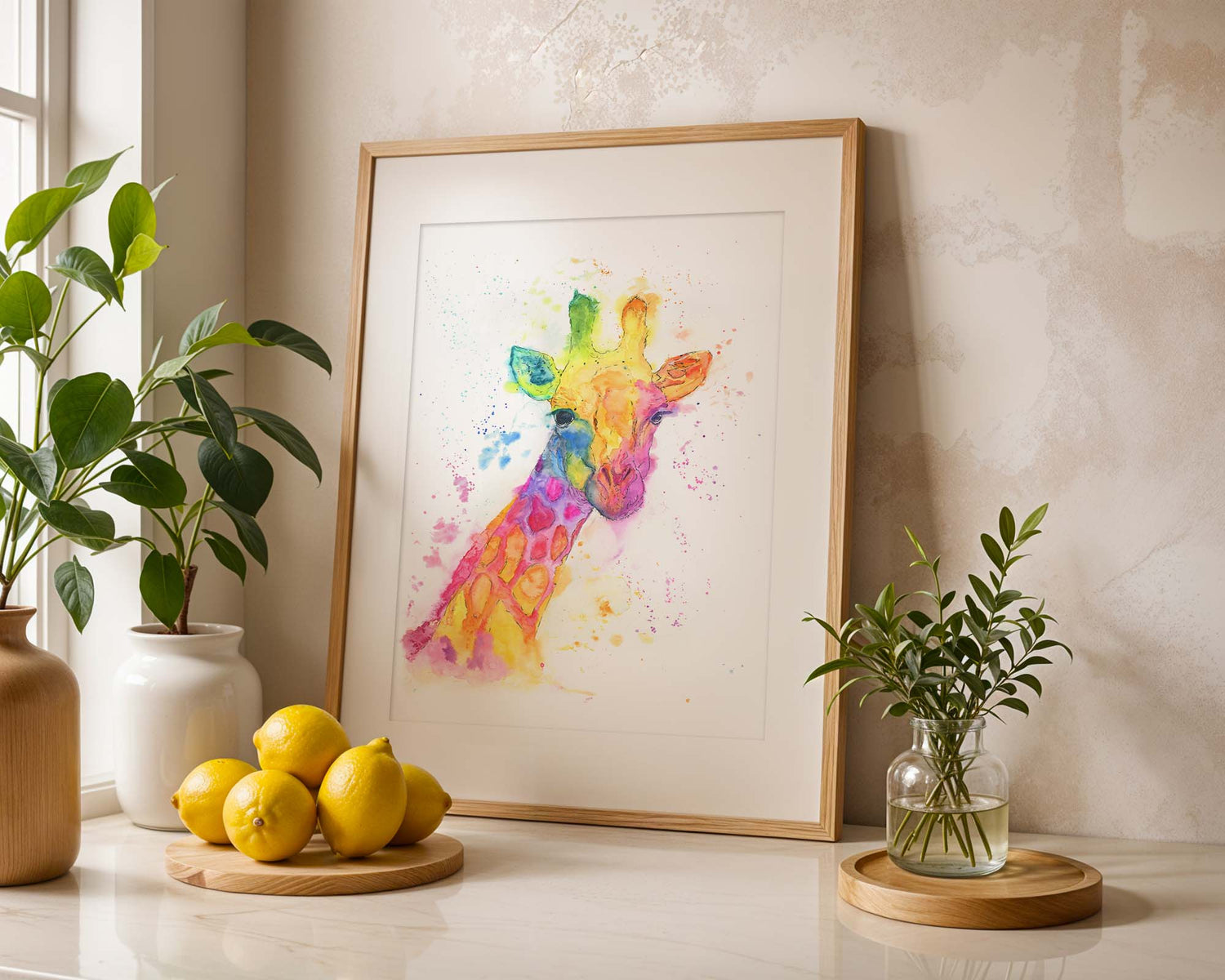 Colourful loose watercolour giraffe art print with a full rainbow palette in soft blended brushstrokes.