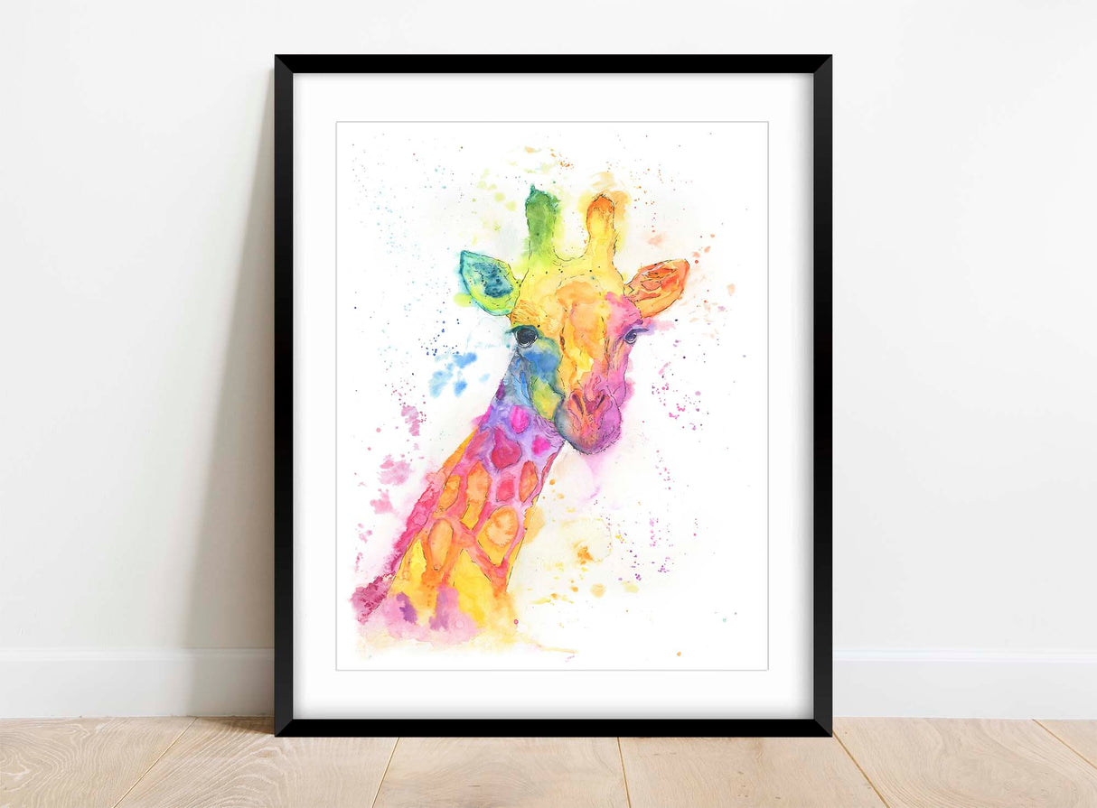 Colorful loose style watercolor giraffe portrait, Rainbow-hued giraffe portrait in loose watercolor style, giraffe watercolor in loose style