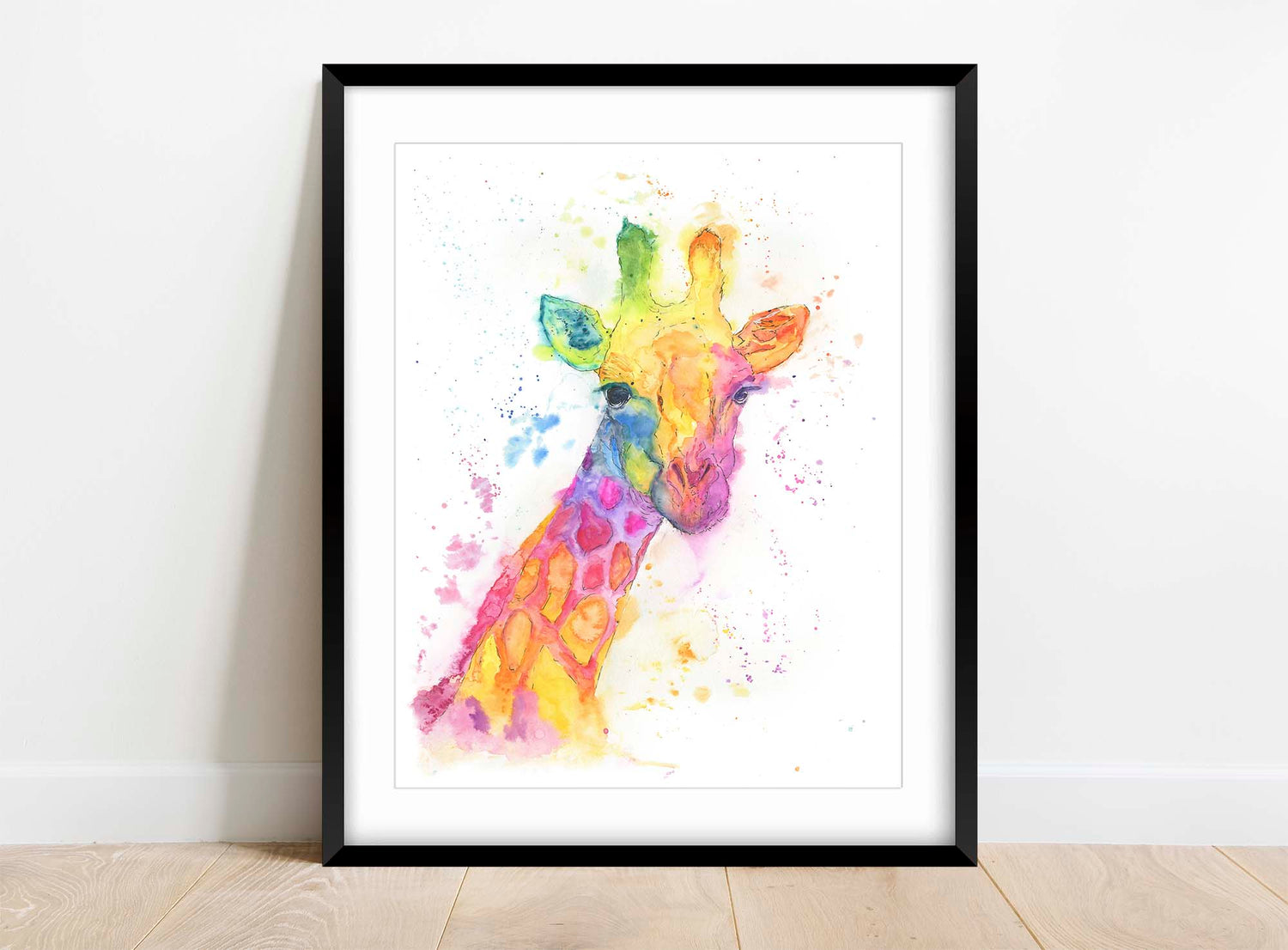Colorful loose style watercolor giraffe portrait, Rainbow-hued giraffe portrait in loose watercolor style, giraffe watercolor in loose style