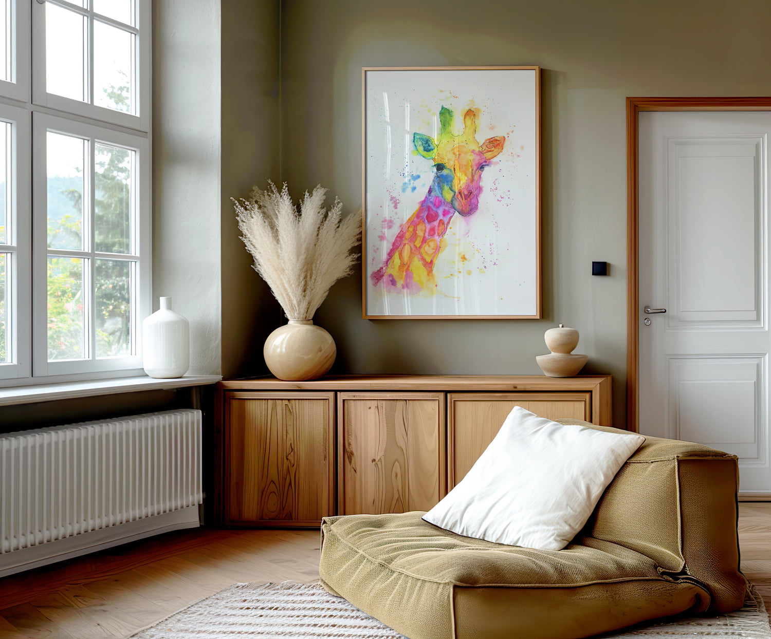 A whimsical watercolour giraffe painting with a playful splash of colours.