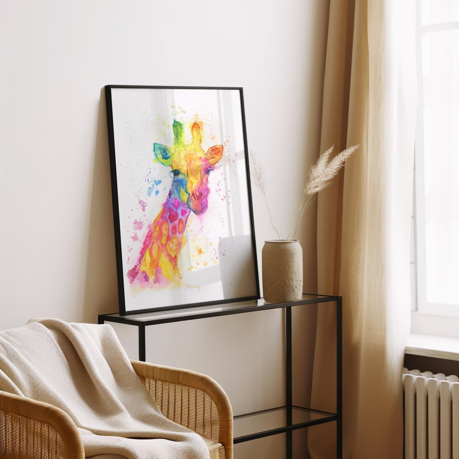 A unique rainbow-themed giraffe print perfect for animal lovers.