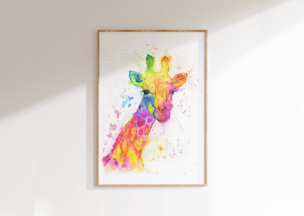 A colourful giraffe art print featuring bright rainbow hues.