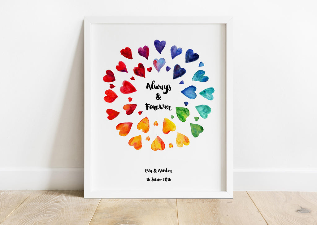 Heartfelt lesbian wedding present: "Always and Forever" quote print, Personalised gay wedding art with watercolour rainbow hearts