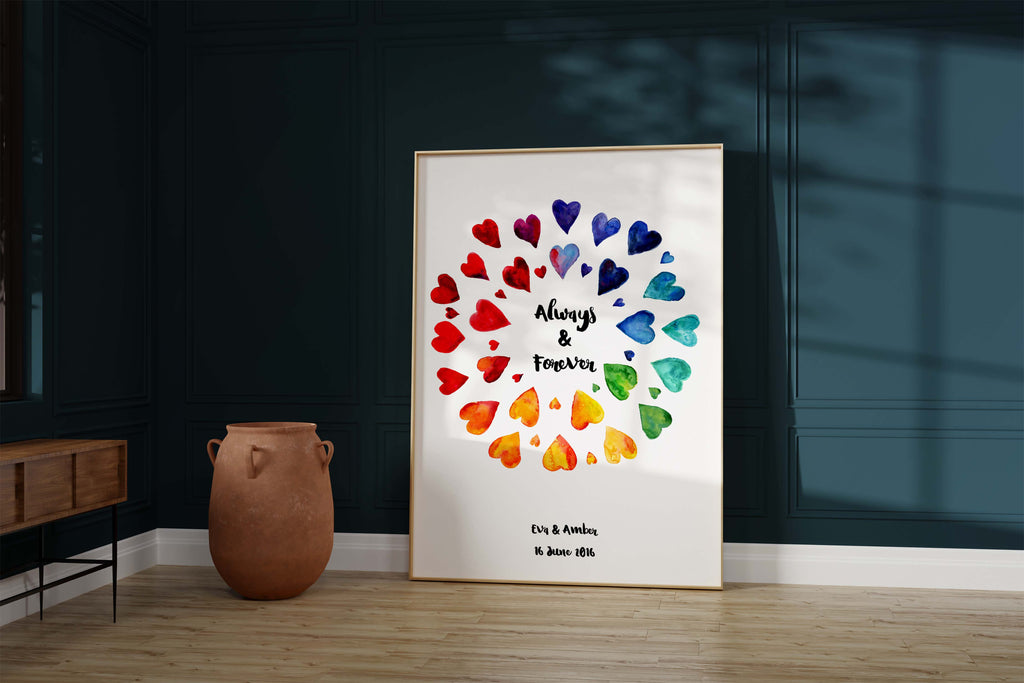 Unique gay wedding gift featuring "Always and Forever" central quote, Custom rainbow heart print for same-sex weddings