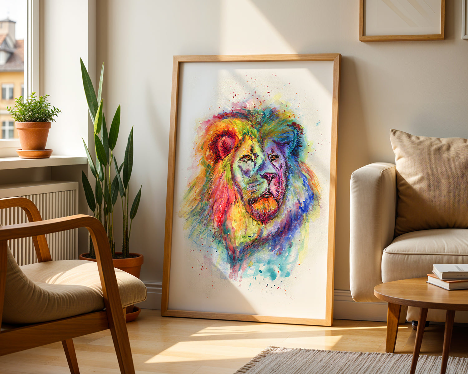 Vibrant lion portrait in flowing rainbow watercolours, full of colour and energy. Colourful loose-style lion head print painted in a bold rainbow palette.