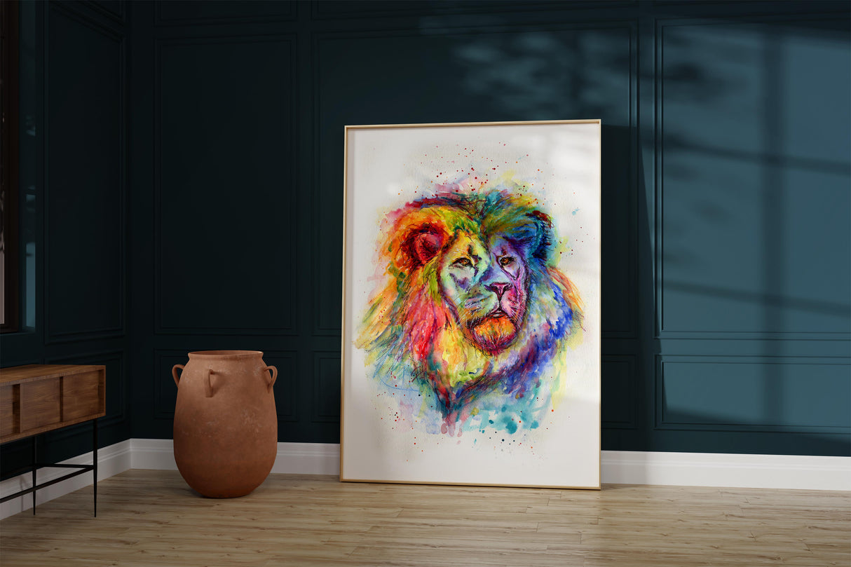 Lion portrait in watercolour with a colorful twist, Rainbow mane lion artwork in watercolor print, Wildlife watercolour print