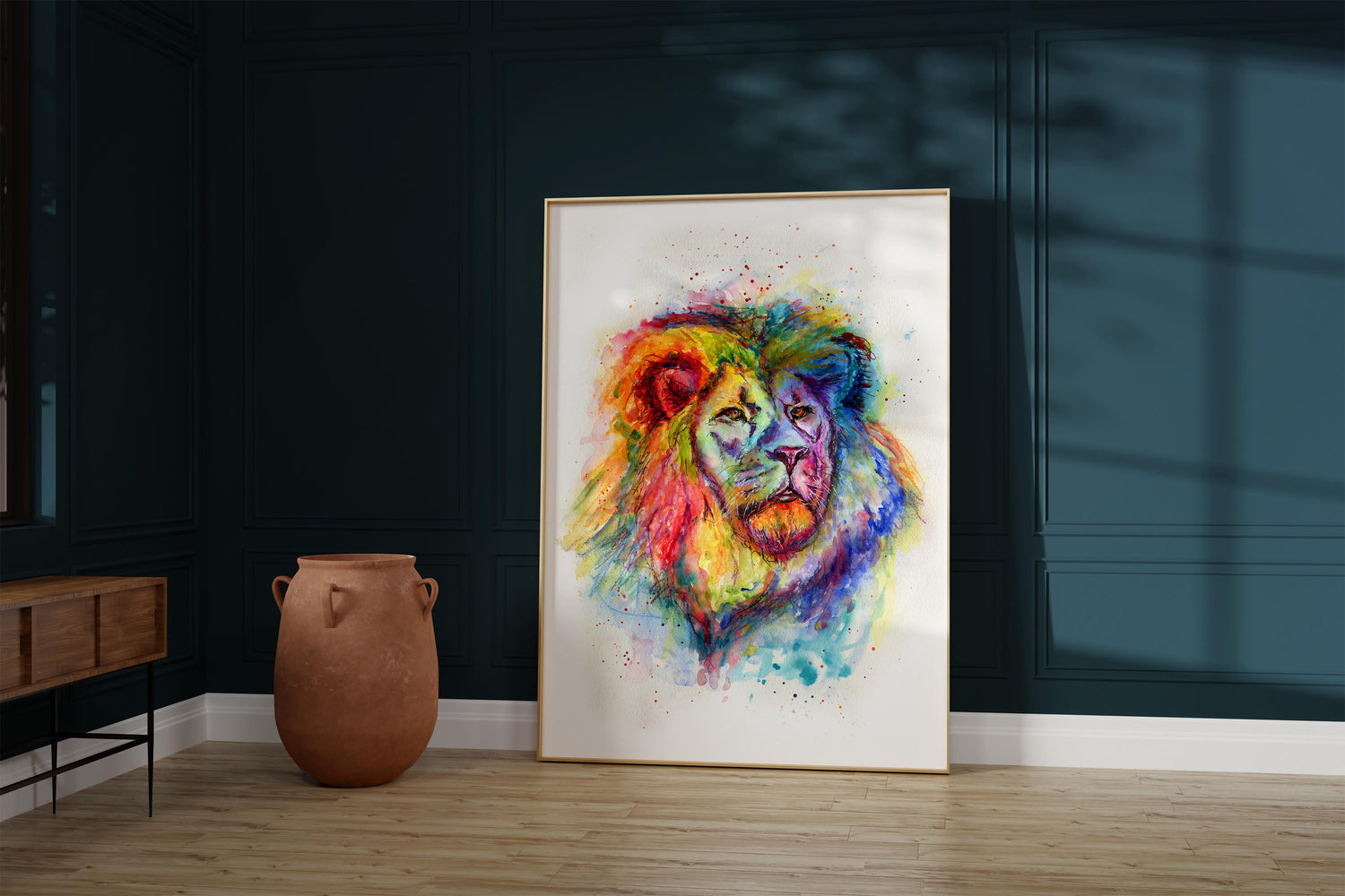 Lion portrait in watercolour with a colorful twist, Rainbow mane lion artwork in watercolor print, Wildlife watercolour print