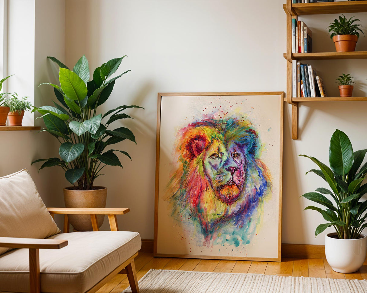Rainbow lion wall art print in loose watercolour style with red, orange, blue, green, and purple tones.