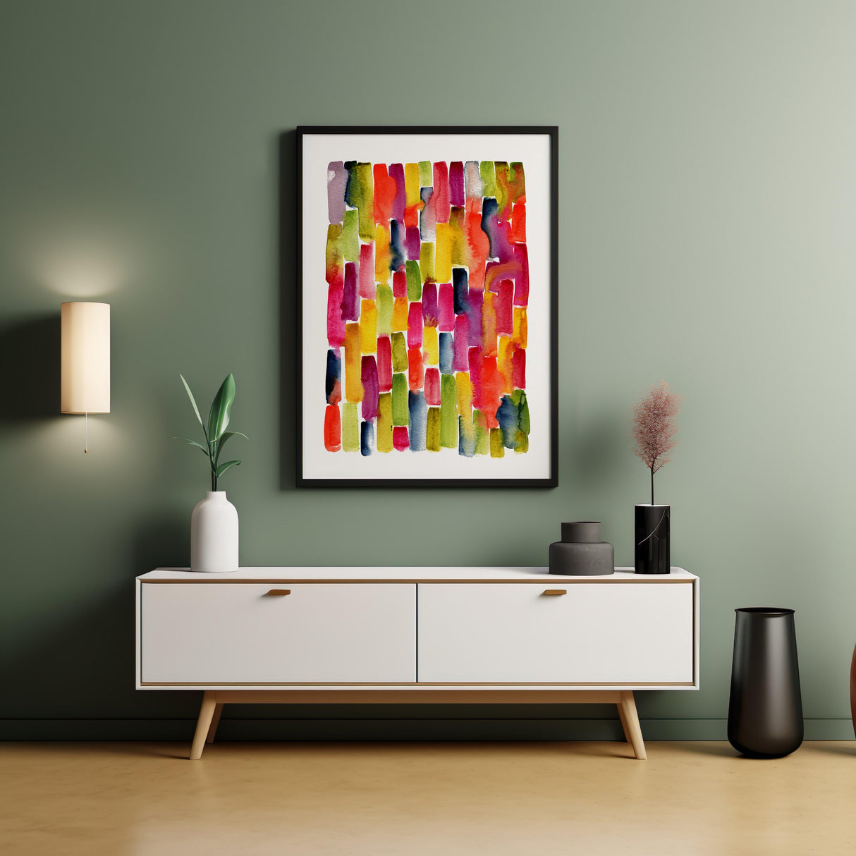 Modern rainbow-themed watercolour art print with bright, vertical brush marks.