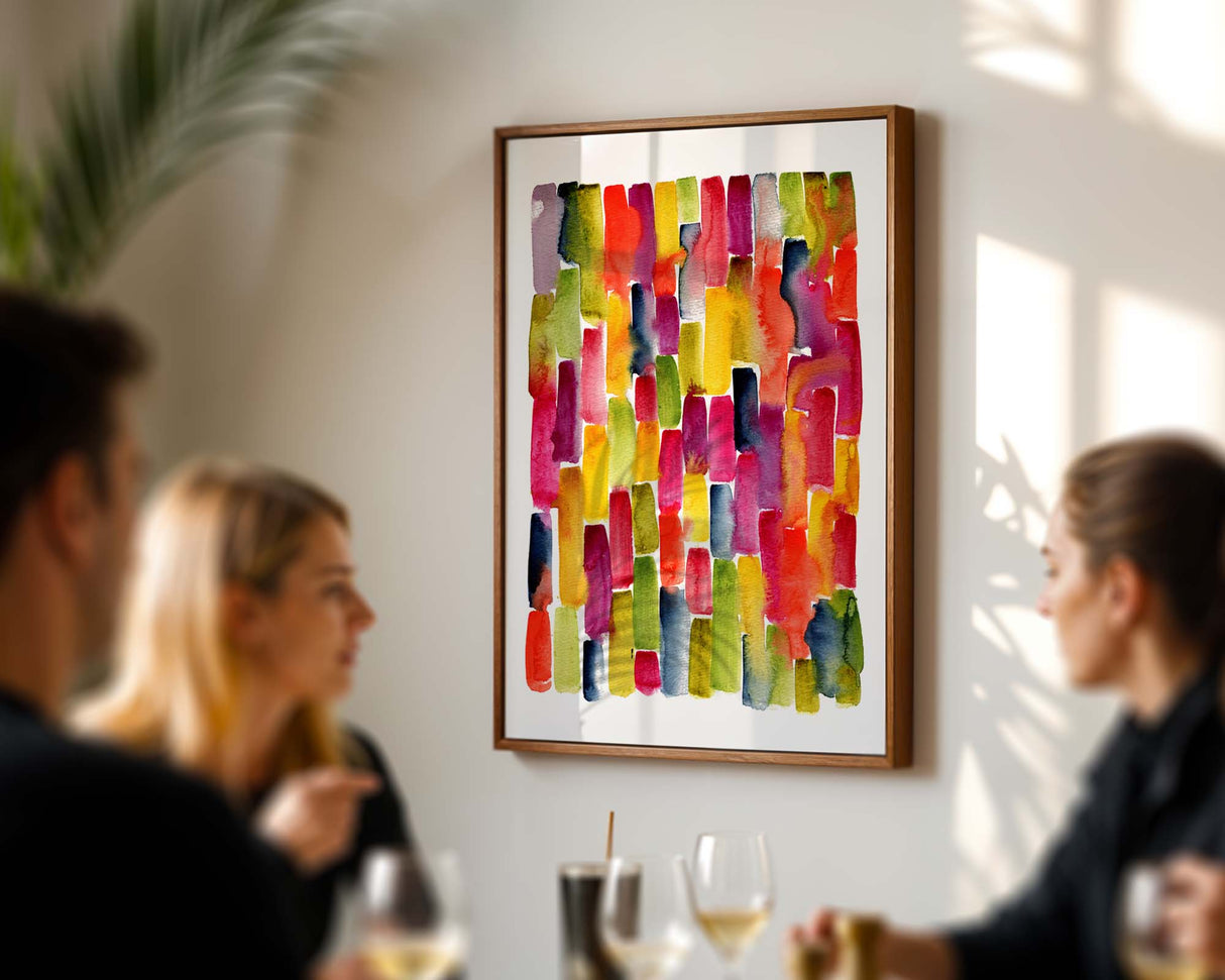 Loose abstract painting with cascading rainbow colours in watercolour.