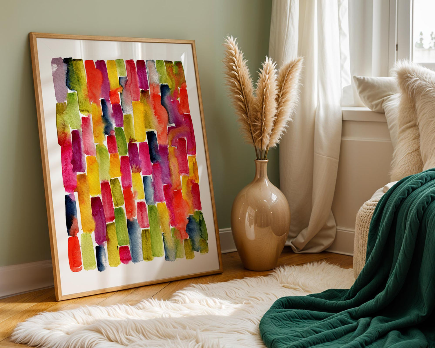 Vertical rainbow brushstrokes create a playful, abstract composition in watercolour. Bright rainbow watercolour painting with falling colour blocks in abstract style.