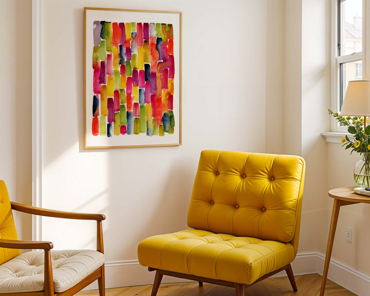 Energetic and colourful rainbow abstract print for bright, modern interiors.