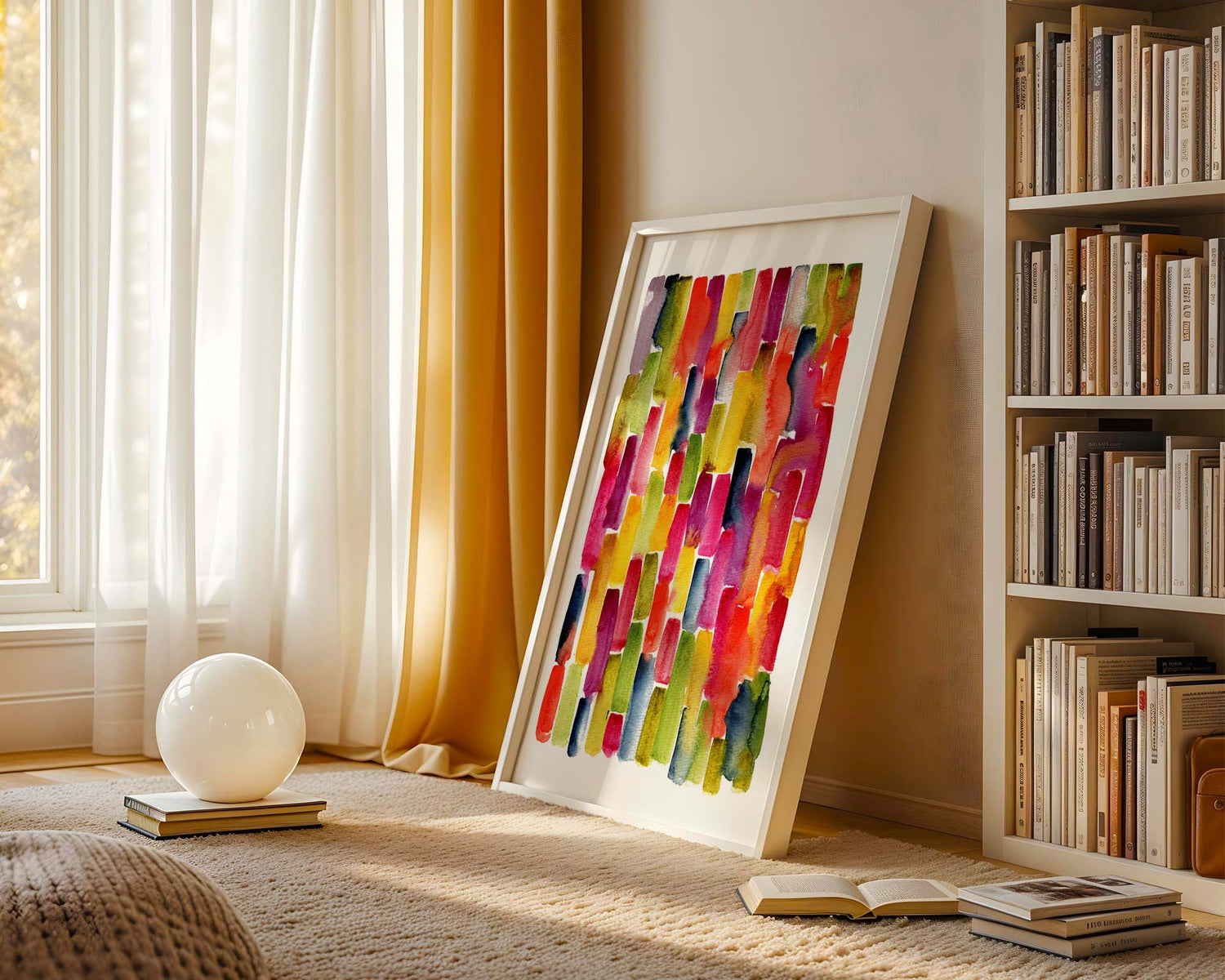 Rainbowfall art print with cascading colours and vibrant energy. Abstract watercolour with bold rainbow colours in vertical brush patterns.