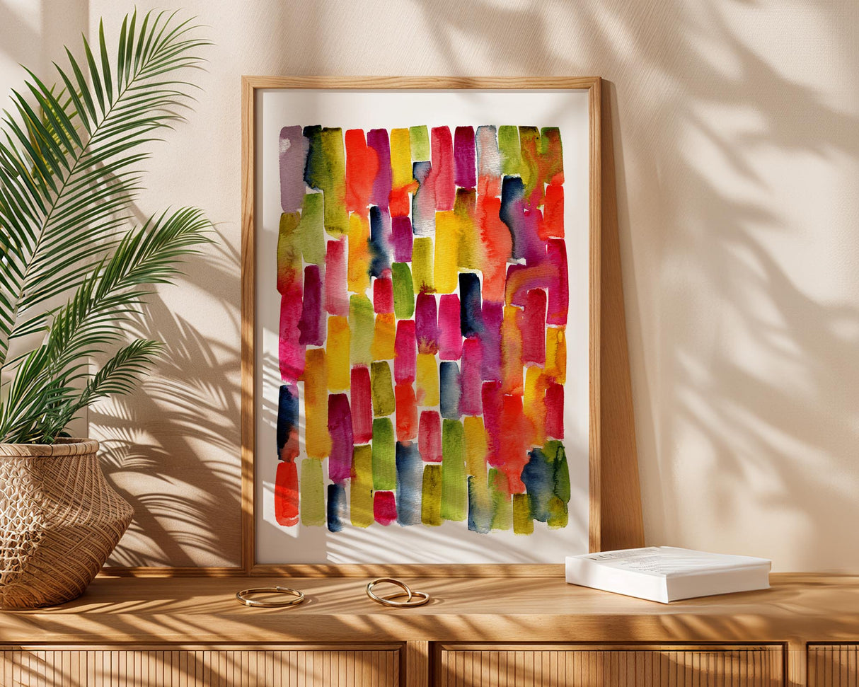 Joyful rainbow abstract print with modern, loose watercolour strokes.Colourful rainbow artwork perfect for kids' rooms or creative spaces.