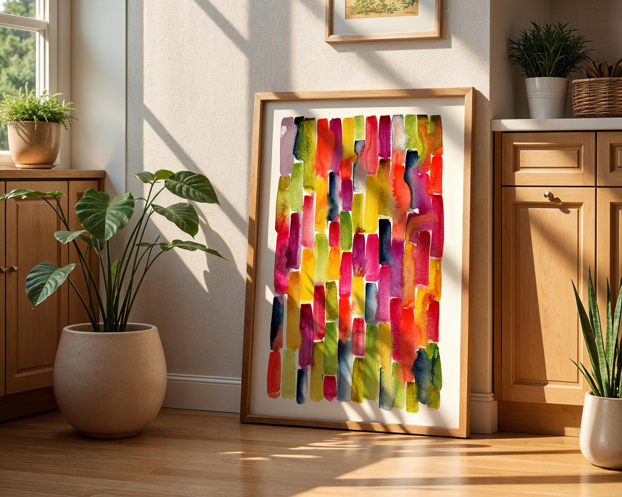 Abstract rainbow print with a brick-like pattern of vertical brushstrokes. Modern watercolour painting with soft, vibrant rainbow tones.