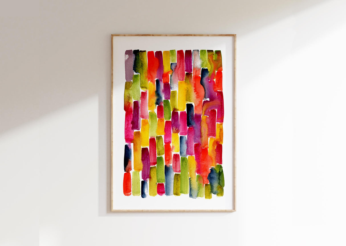 Inspired by the joyful colours I saw while on holiday, Rainbowfall is a print of an abstract watercolour painting that celebrates energy, vibrancy, and light. Wherever I turned, the colours were impossibly vivid — from sun-drenched buildings and bright textiles to the sea, the sky, and the gardens bursting with blooms. I wanted to bottle up that sense of aliveness and pour it onto paper. Rainbowfall is the result.