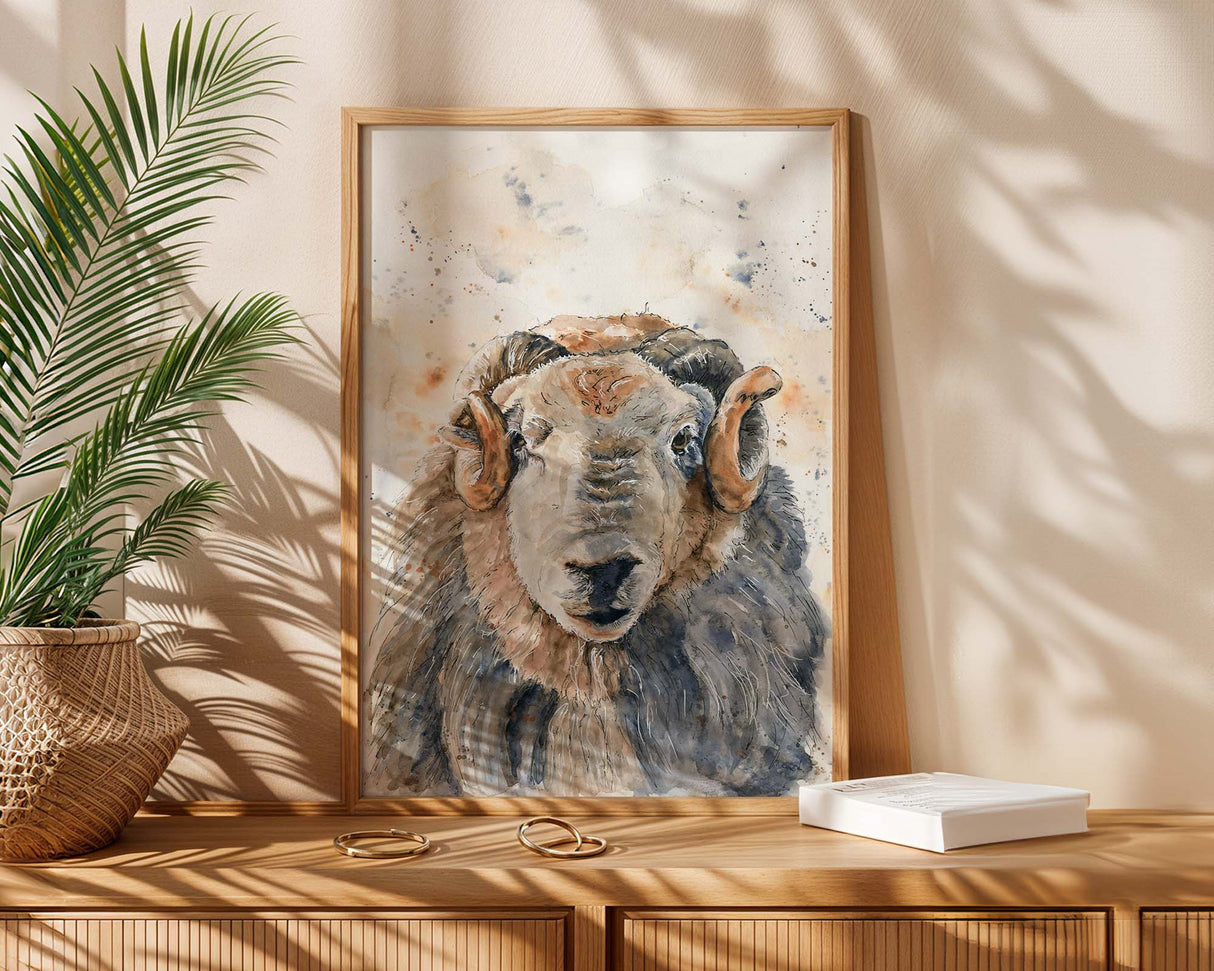 Front-facing Herdwick ram head in loose watercolour style, perfect for rustic farmhouse wall art.