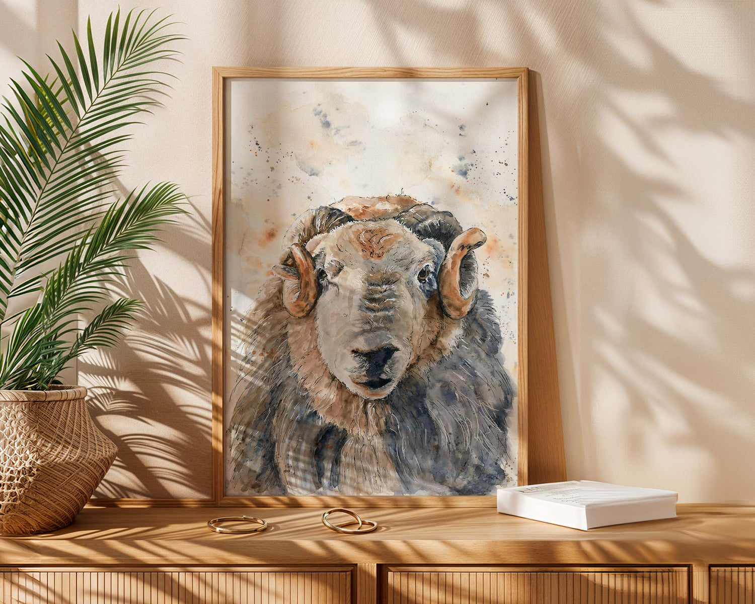 Front-facing Herdwick ram head in loose watercolour style, perfect for rustic farmhouse wall art.