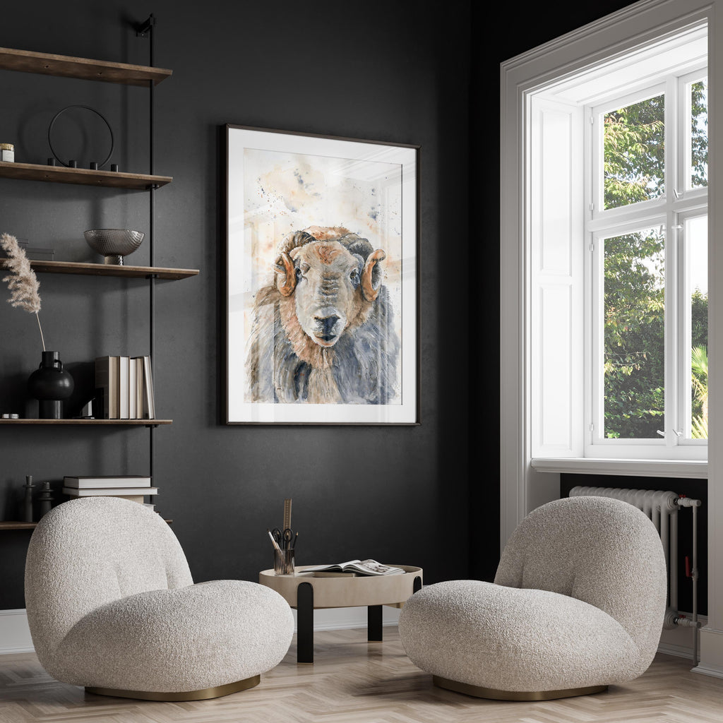 Elevate your space with a rustic watercolour sheep print, Gentle and flowing lines in Herdwick sheep wall art