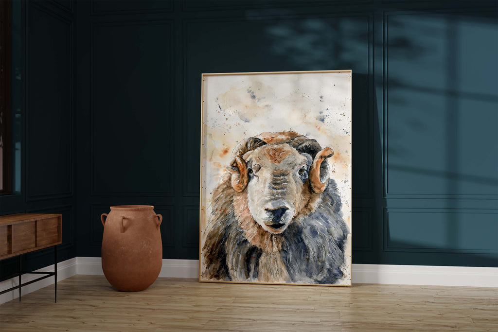 Rustic ram watercolour wall art for home decor, Farmhouse style Herdwick sheep painting in watercolour, Loose watercolour ram head artwork