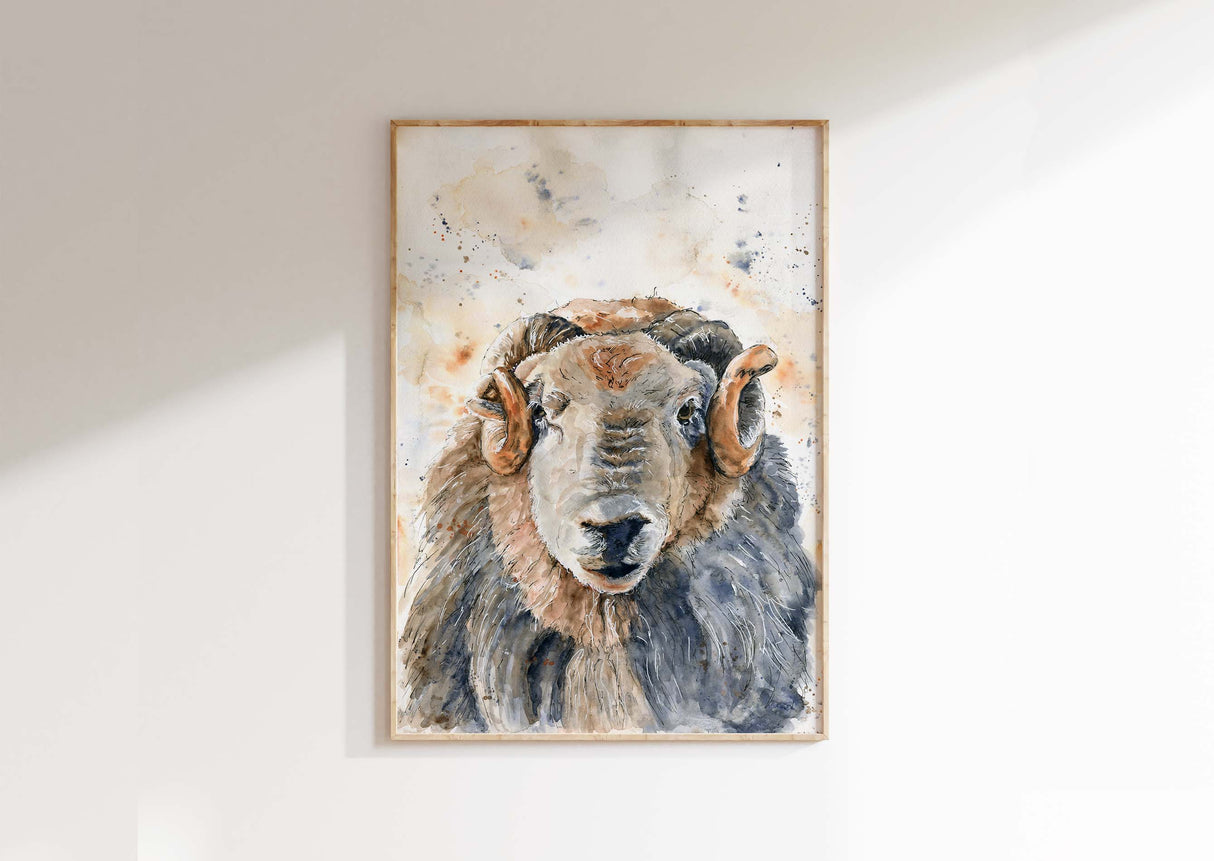 Ram Art Print Farm House Decor Rustic Country Kitchen Wall Art Print, Loose watercolour Herdwick sheep head print