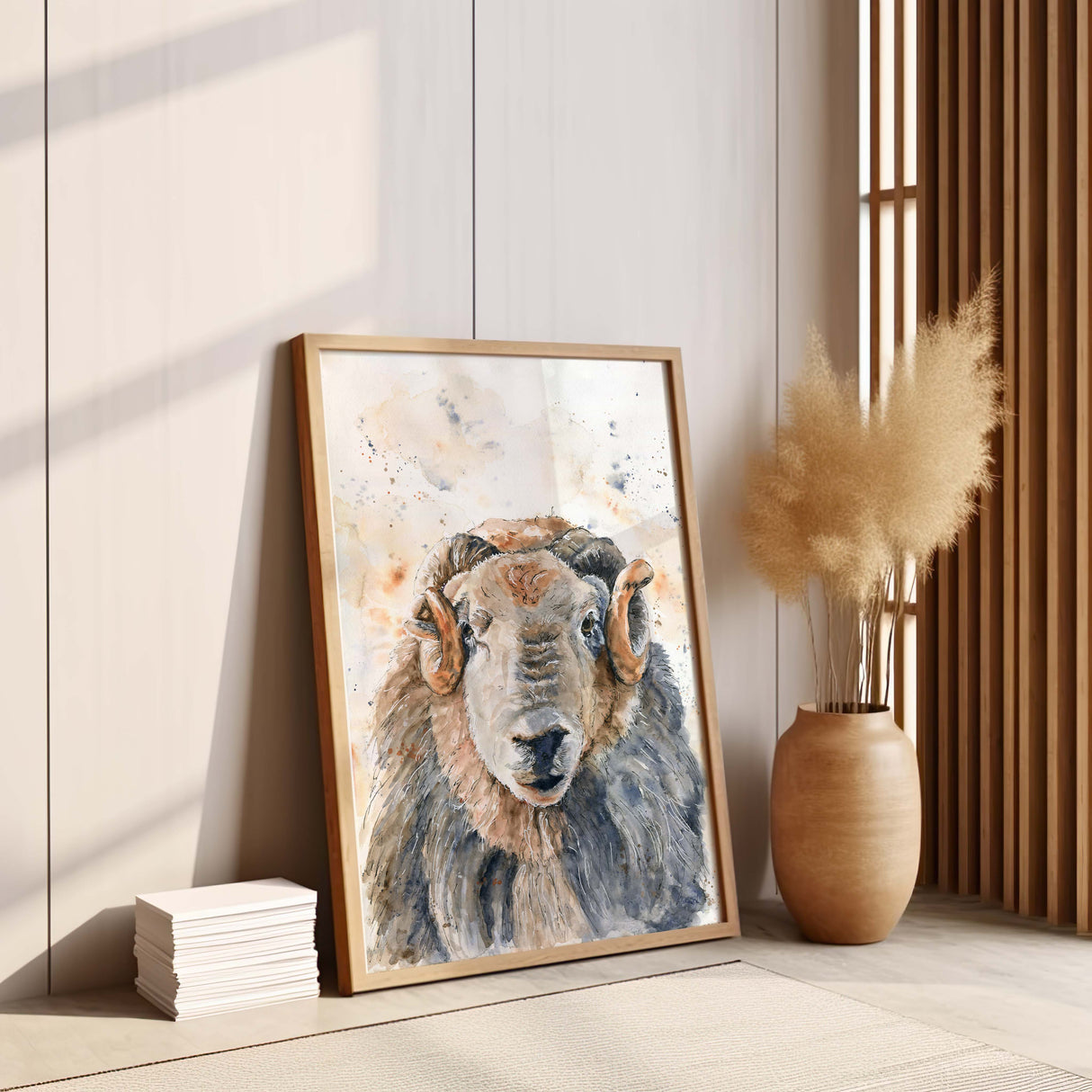 Watercolour ram print capturing pastoral charm, ideal for country kitchens or cosy home decor.