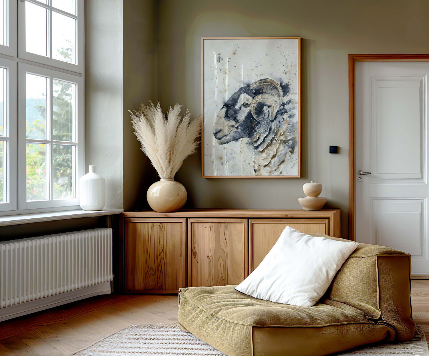 Herdwick sheep art print in contemporary watercolour style, adding rural charm to any space.