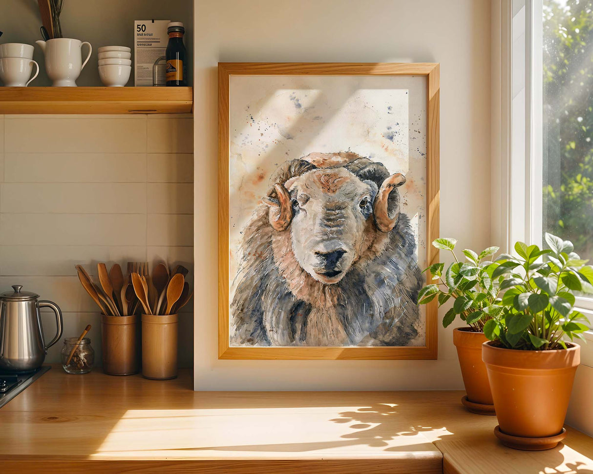 Herdwick sheep head art print in soft, expressive strokes, blending tradition with modern style.