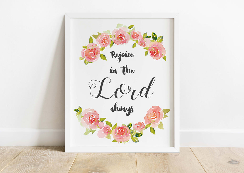 Elegant scripture print for home decor, Christian wall art with 'Rejoice in the Lord always', Tranquil Floral Bible verse wall art