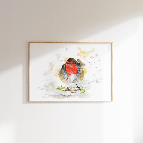 Watercolour robin print titled Among the Twigs, featuring a red-breasted robin perched among winter twigs.