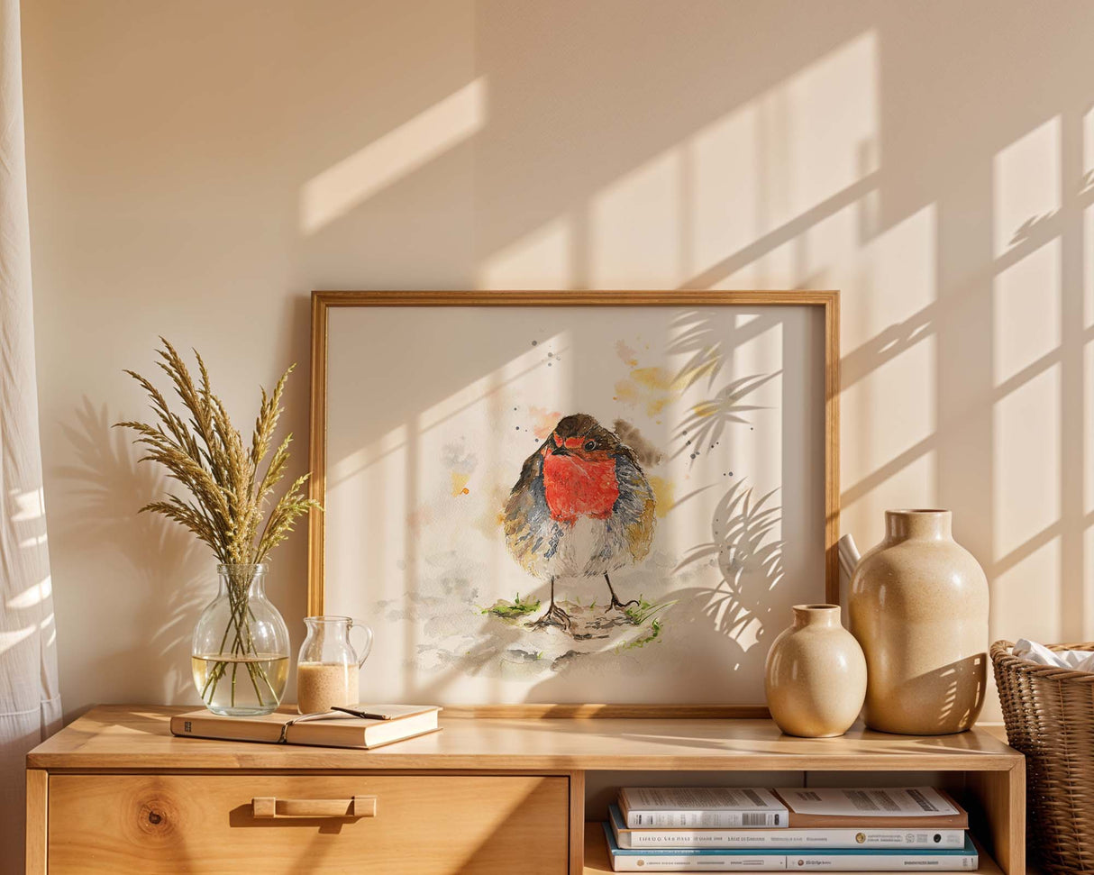 A charming watercolour art print of a robin, titled Among the Twigs, capturing the bird’s gentle character and seasonal beauty with soft, expressive brushstrokes.