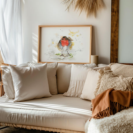 Hand-painted bird art print of a robin with loose watercolour details and soft natural tones.