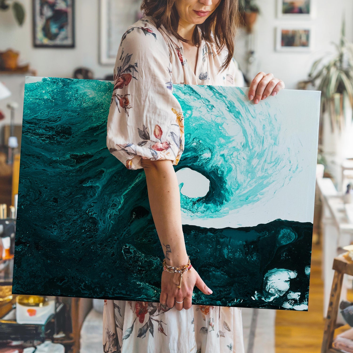 Original seascape artwork featuring a dynamic wave in cool ocean tones.